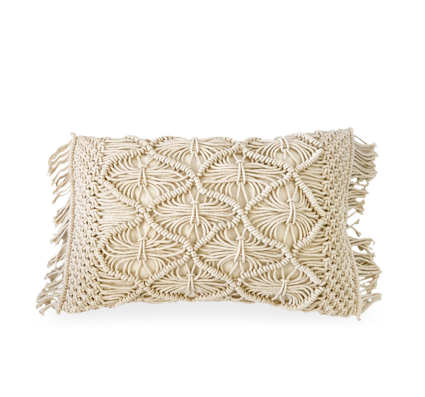 ivory macrame lumbar pillow with small fringe on 2 sides