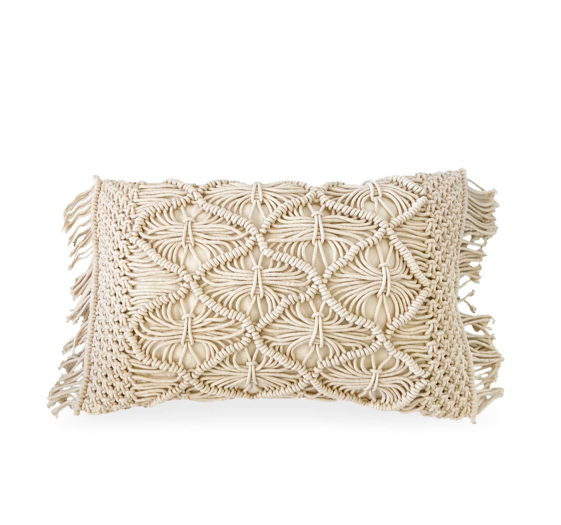 ivory macrame lumbar pillow with small fringe on 2 sides