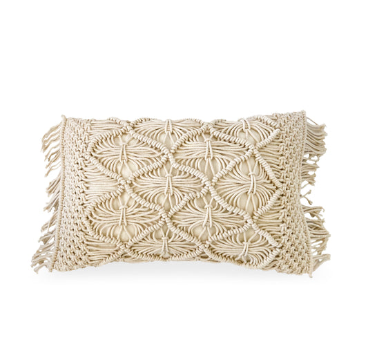 ivory macrame lumbar pillow with small fringe on 2 sides